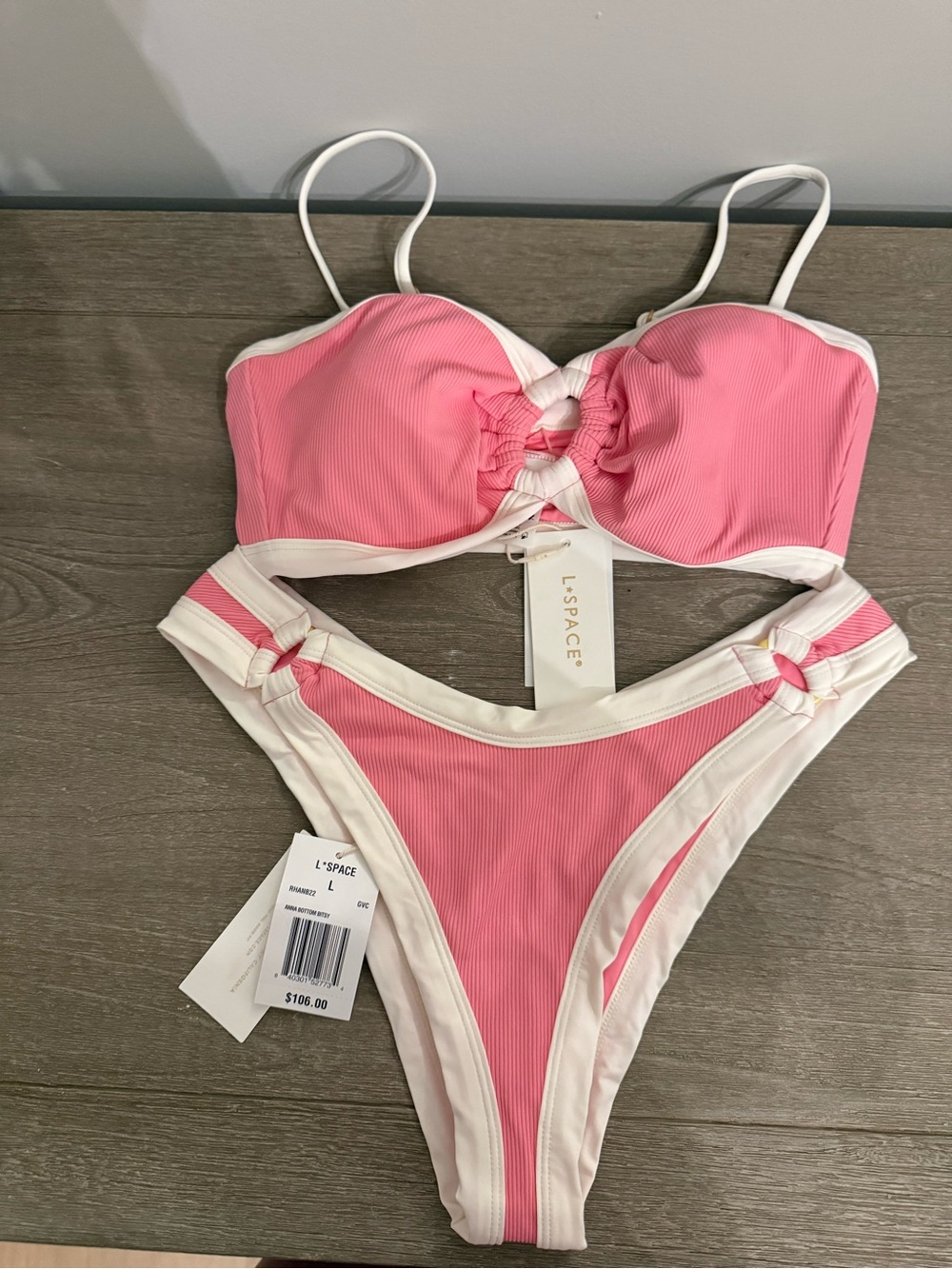 l*space Pink and White Ribbed Knot Bikini